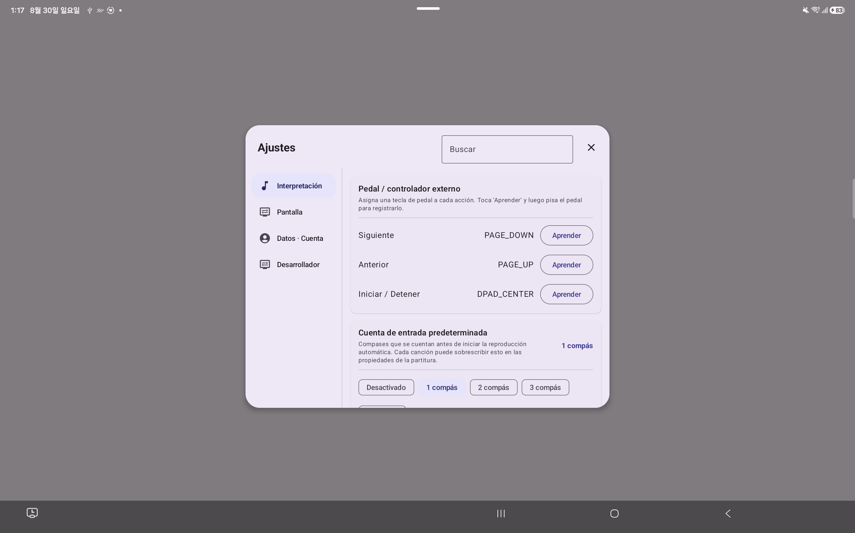 Ajustes de ScoreCue Android en español