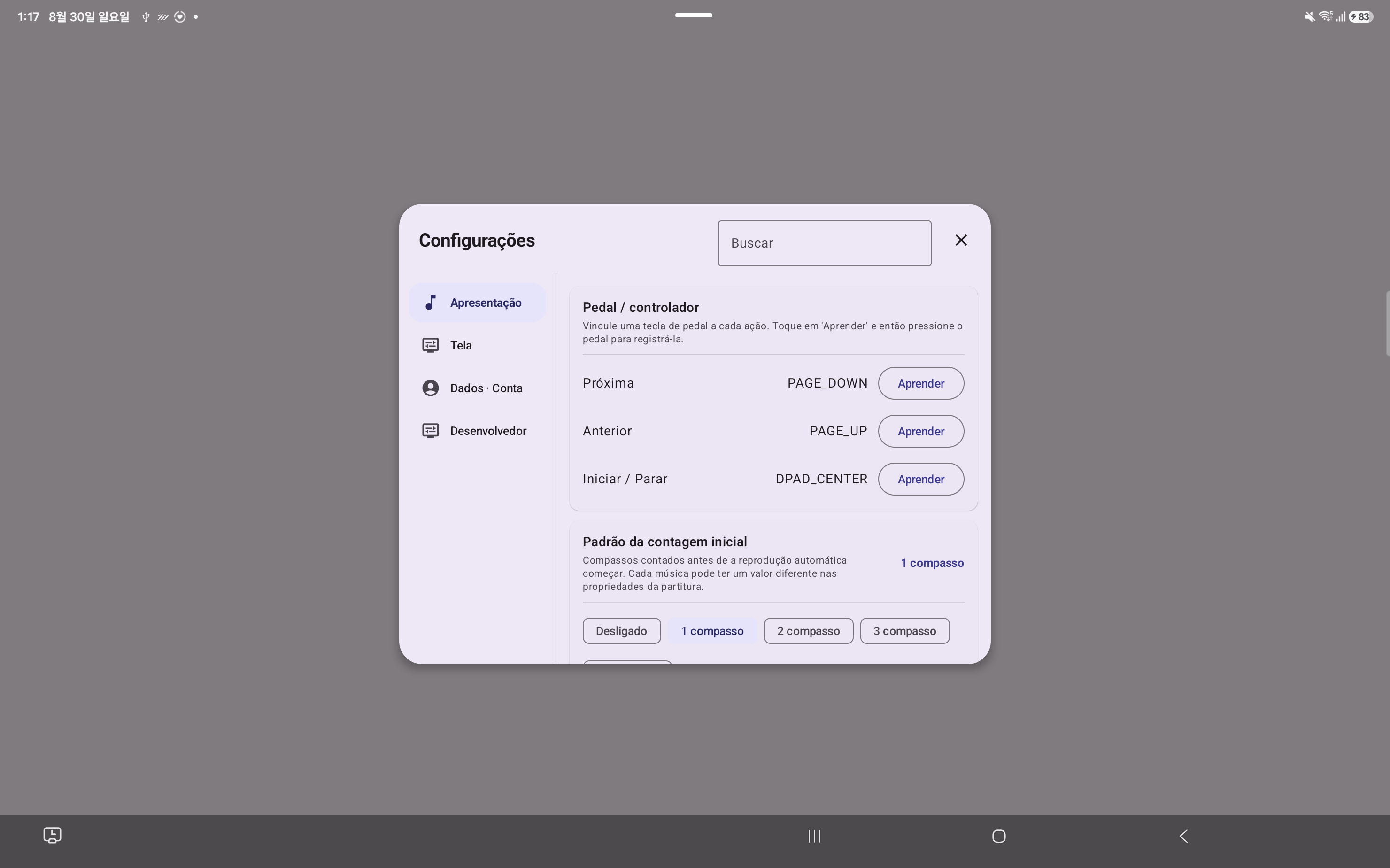 Configurações do ScoreCue Android em português